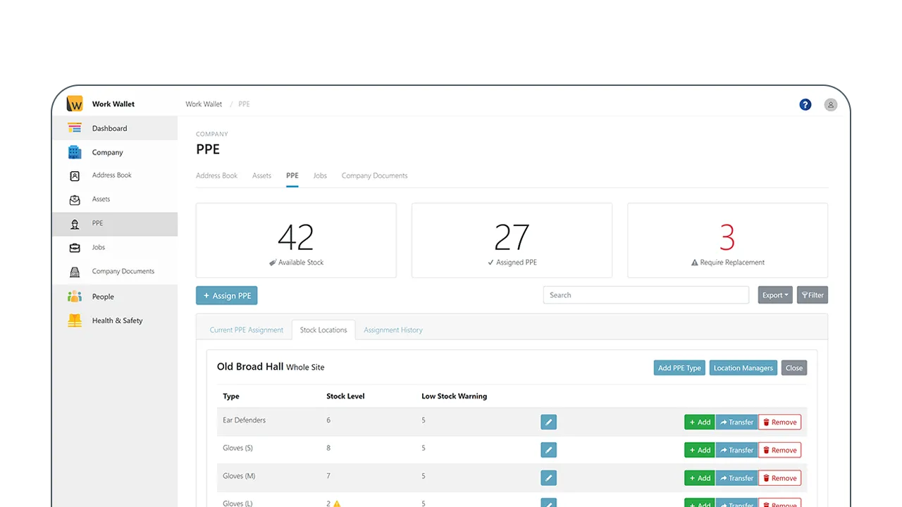 Work Wallet PPE dashboard on desktop showing available stock, assigned items, and low stock warnings