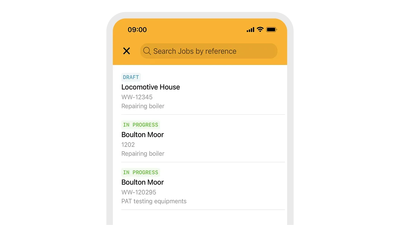Work Wallet job list screen displaying draft and in-progress tasks with job references