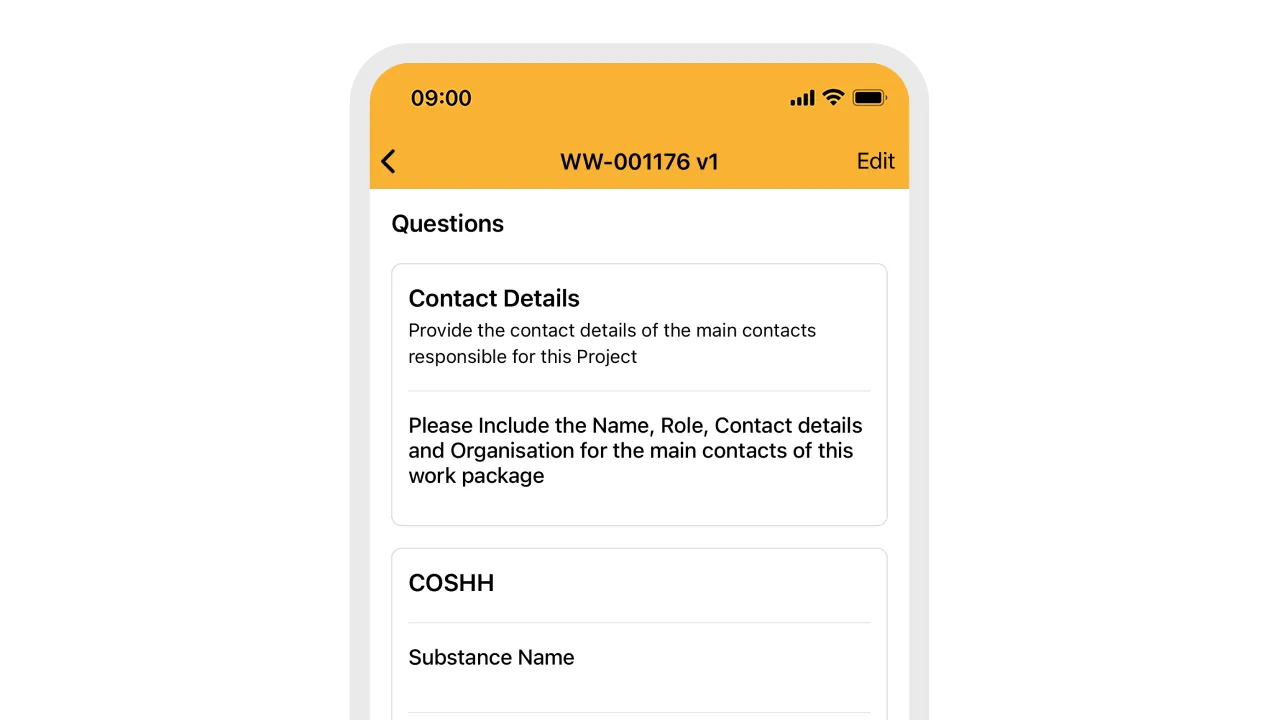 Mobile screen showing Work Wallet form with project contact details and COSHH section
