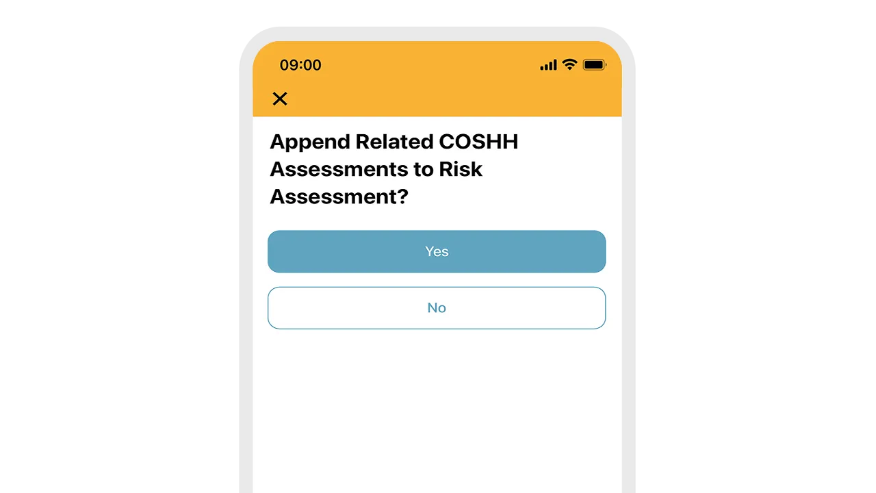 Work Wallet app confirmation screen asking to append COSHH assessments
