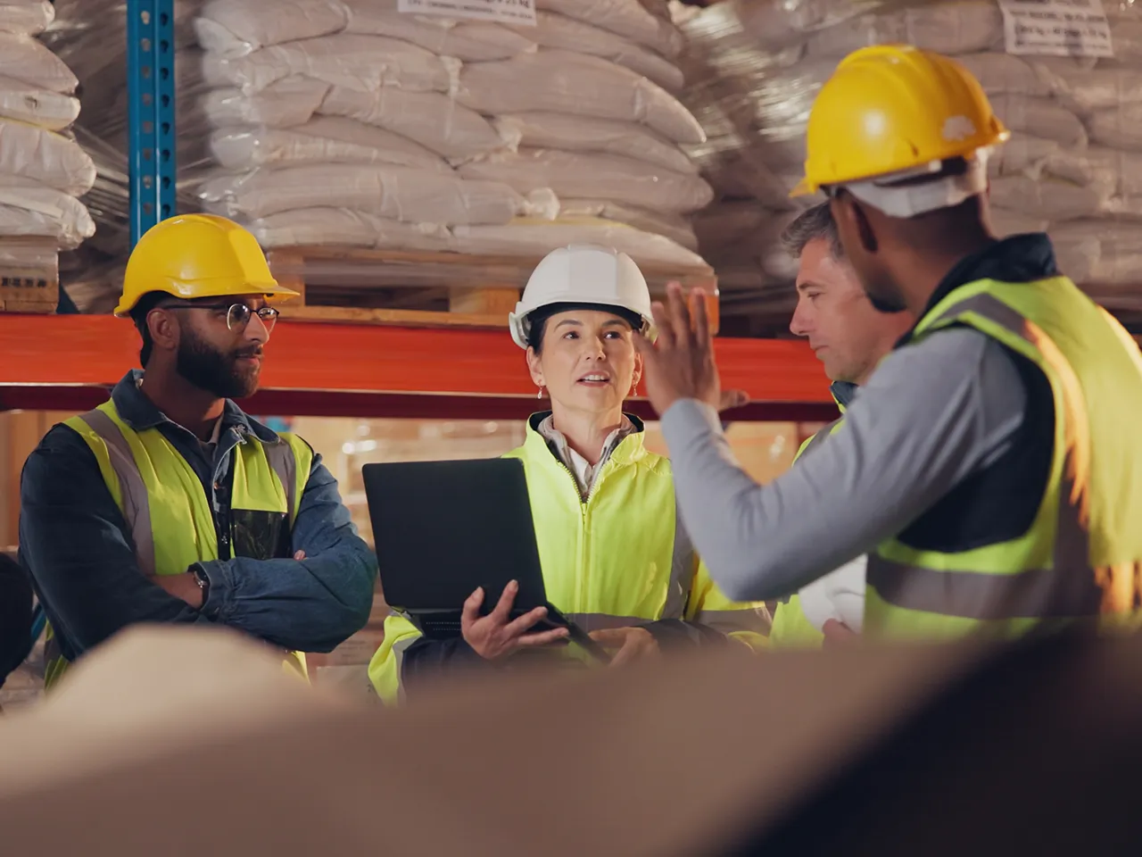 Team wearing safety vests and helmets having a briefing with a laptop in a warehouse