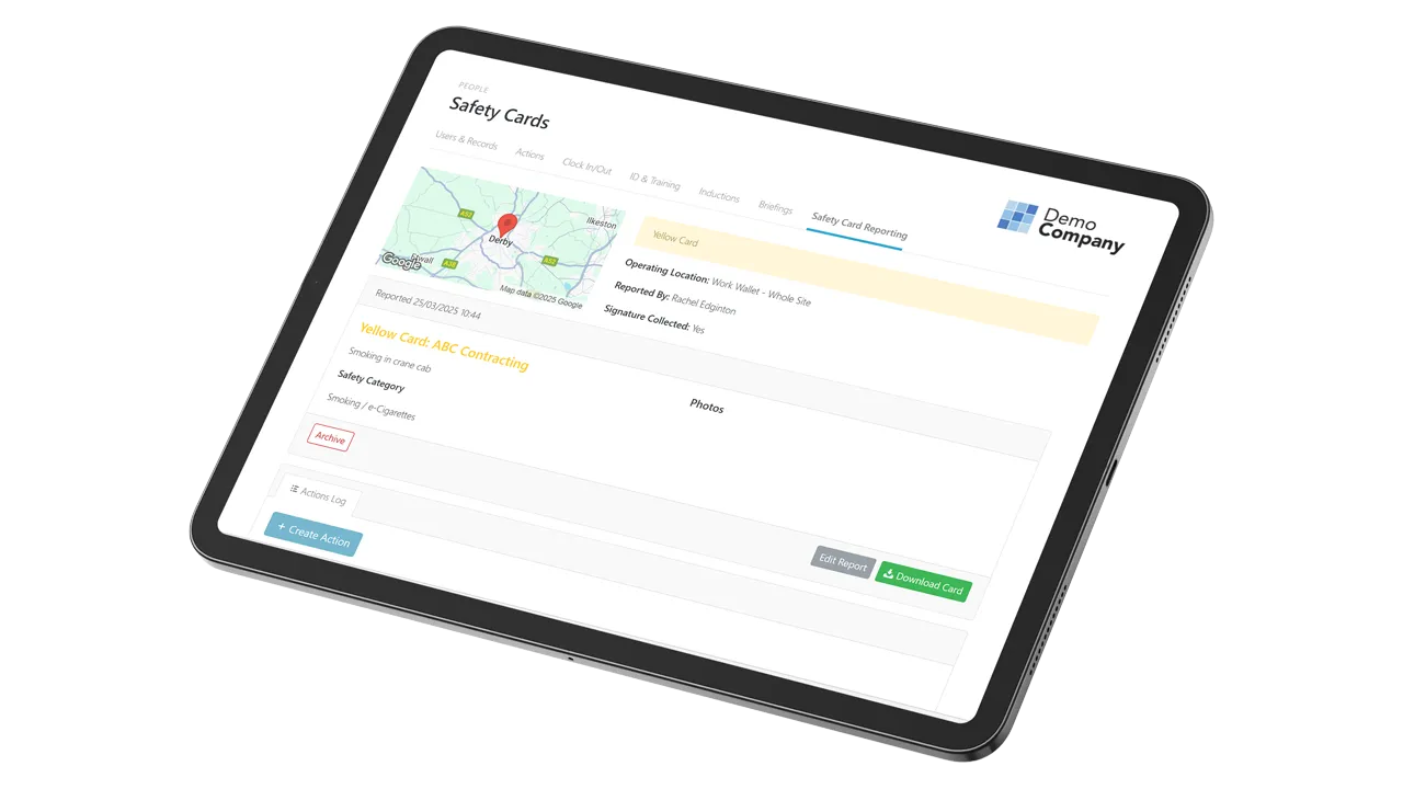 Tablet showing Work Wallet safety card report with map and yellow card details