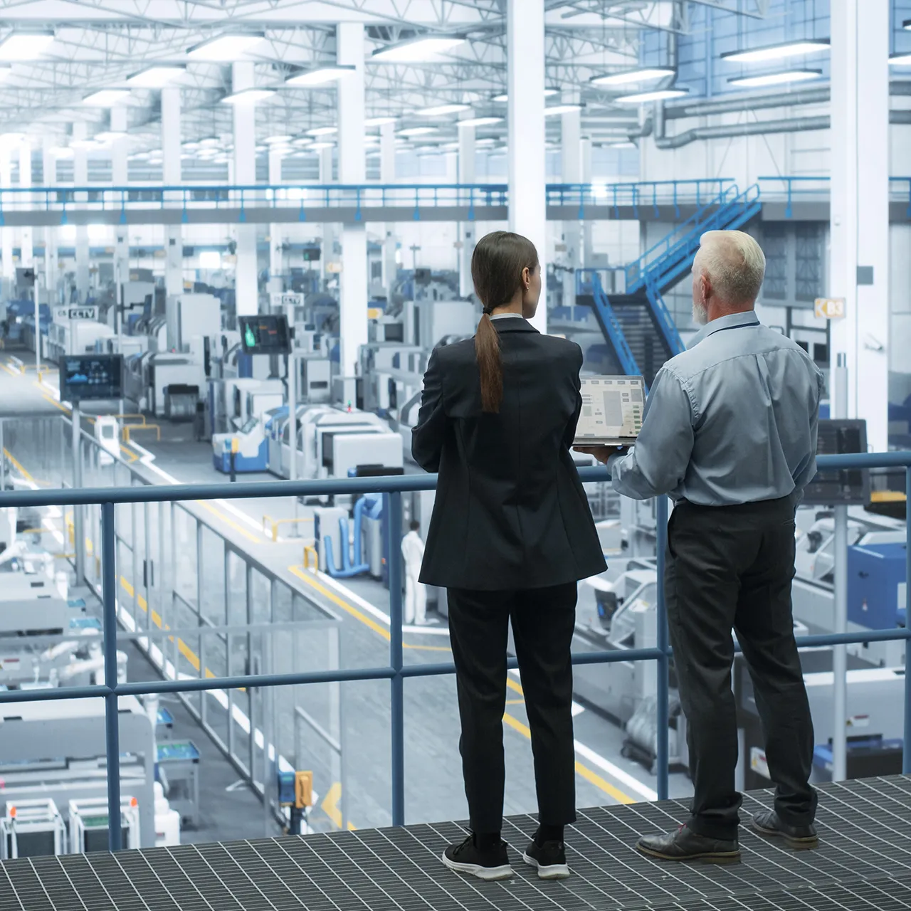 Two managers overseeing large manufacturing facility from balcony