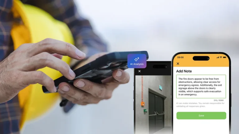 Person using a phone app with AI analysis to add notes on a fire door inspection