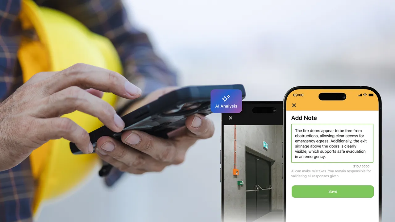 Person using a phone app with AI analysis to add notes on a fire door inspection