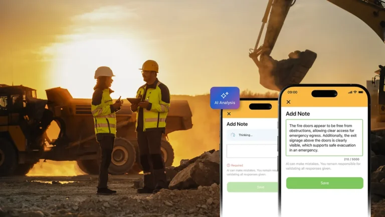 Two workers on a construction site with app screen graphics overlaid showing AI note generation