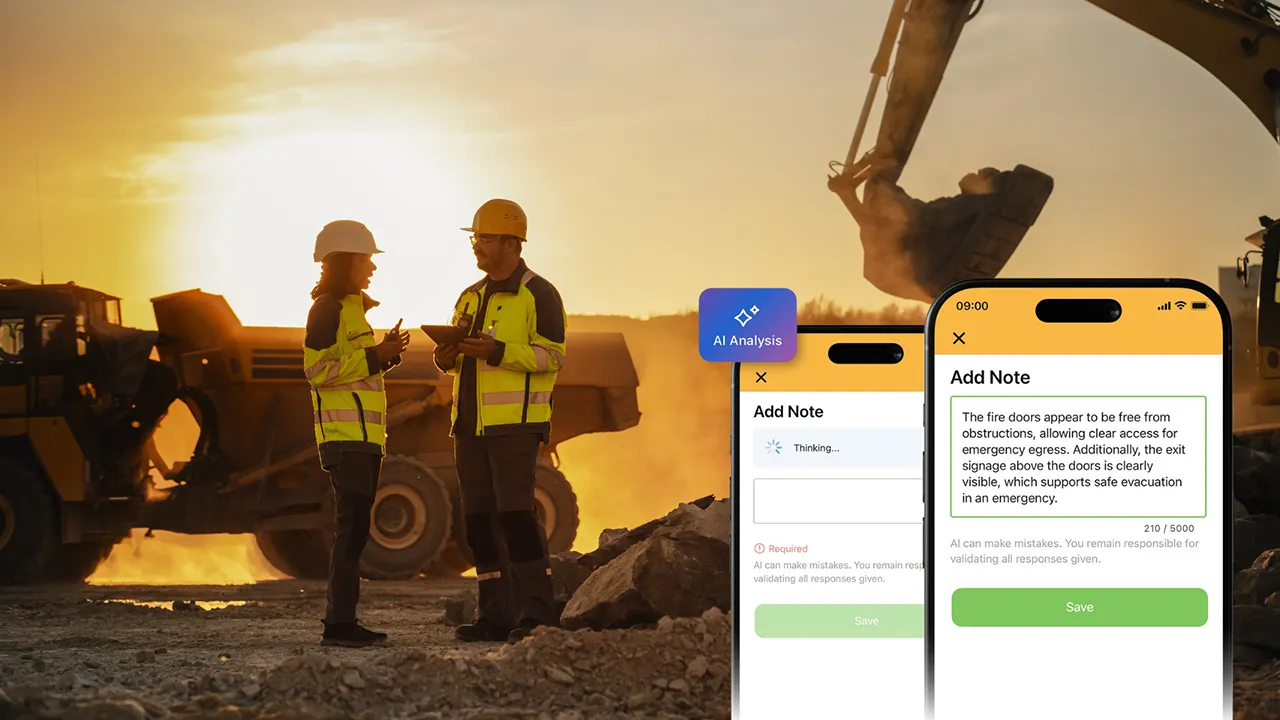 Two workers on a construction site with app screen graphics overlaid showing AI note generation