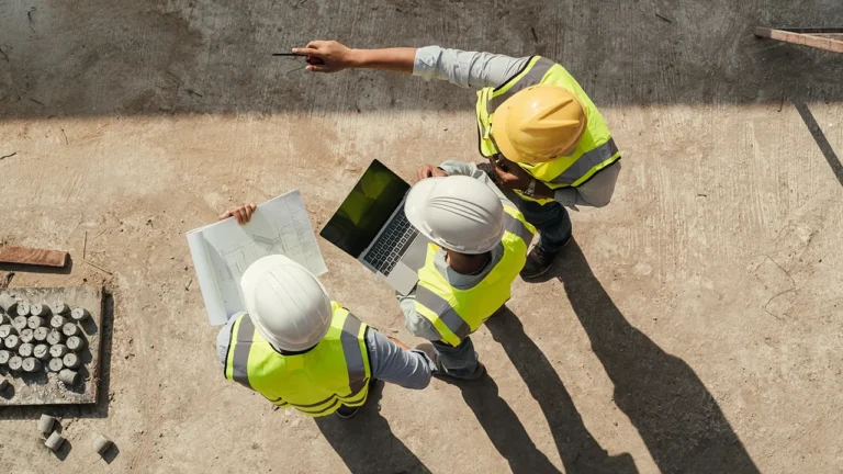 Three construction workers review plans and a laptop while discussing a site layout