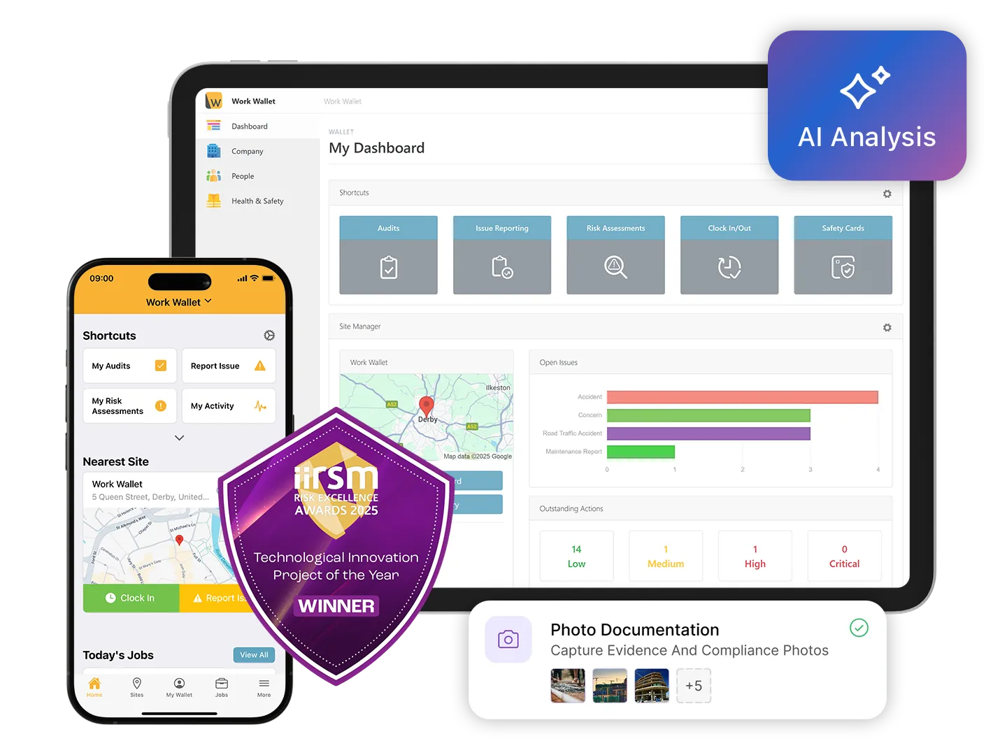Work Wallet dashboard and mobile app shown with award badge and safety features