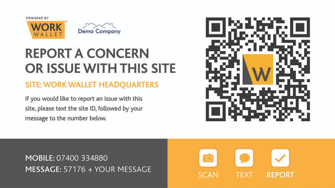 QR code poster for reporting site issues via Work Wallet with contact info