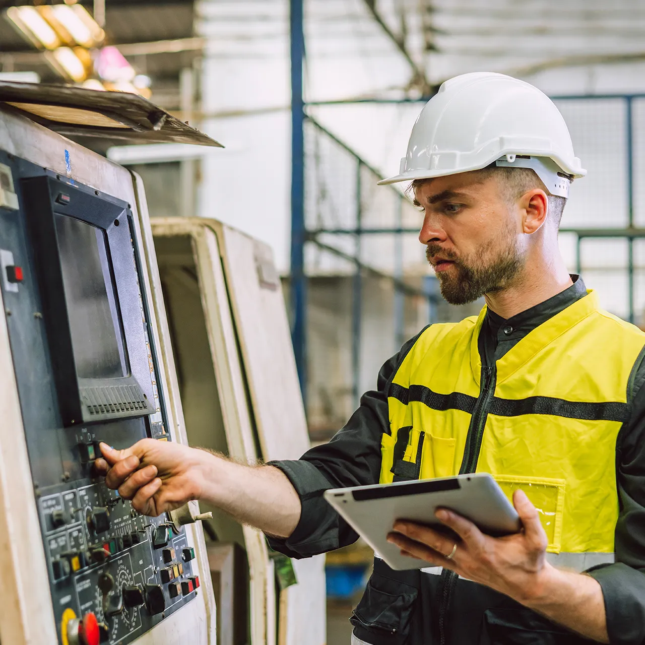 Worker in a hard hat adjusting machinery while holding a tablet