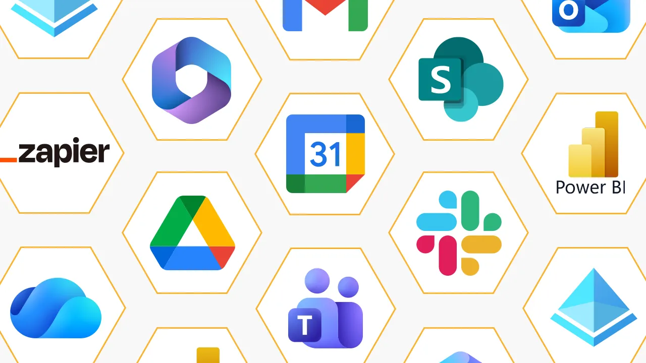 Grid of app logos including Google Drive, Gmail, Slack, Teams, and other integrations
