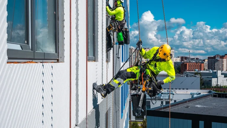 Two workers in safety gear rope access on a building facade