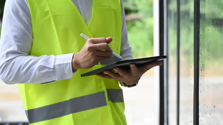Person in safety vest using stylus on tablet